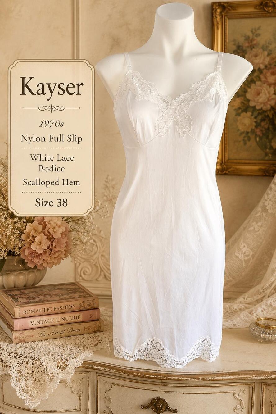 Vintage Kayser 1970s Nylon Full Slip White Lace Bodice Scalloped Hem Size 38